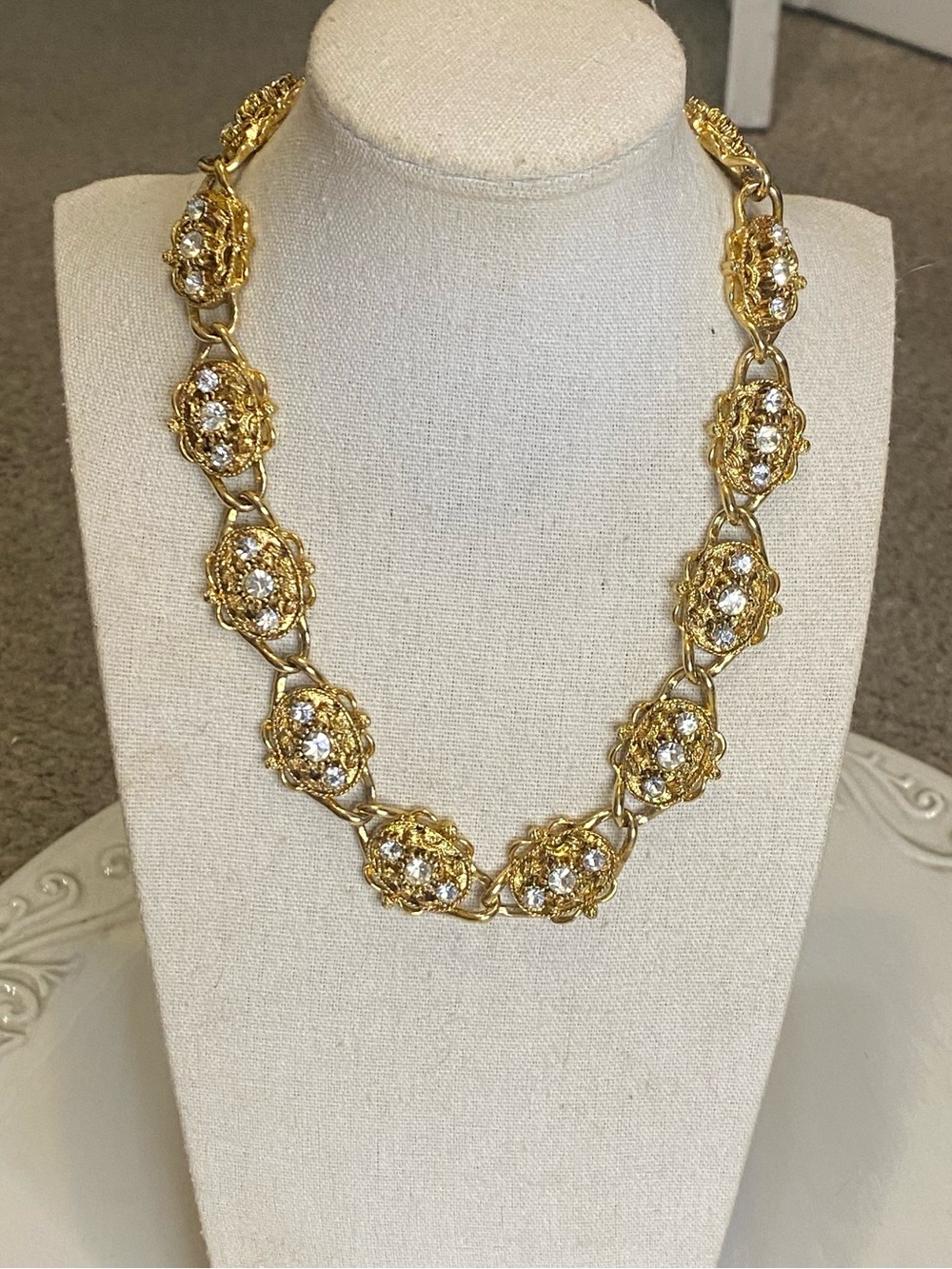 Vintage Inspired Gold Tone Chunky Rhinestone Necklace